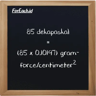 Cara konversi dekapaskal ke gram-force/centimeter<sup>2</sup> (daPa ke gf/cm<sup>2</sup>): 85 dekapaskal (daPa) setara dengan 85 dikalikan dengan 0.10197 gram-force/centimeter<sup>2</sup> (gf/cm<sup>2</sup>)